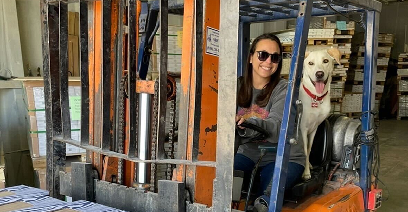 Smiling woman wearing sunglasses operating a forklift in a warehouse with a white dog beside her.