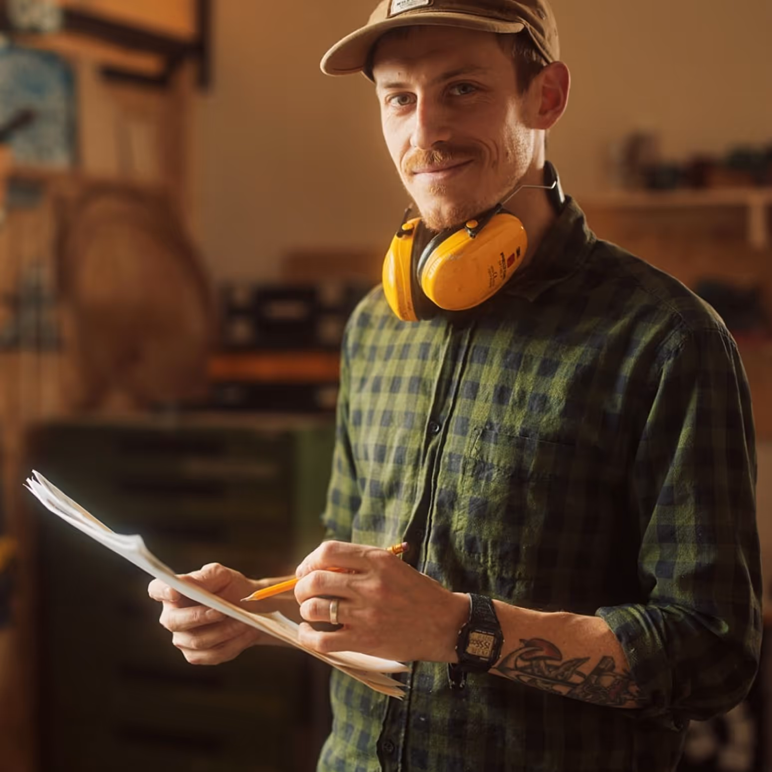 Man in a green checkered shirt holding papers and a pencil with yellow ear protection around his neck.