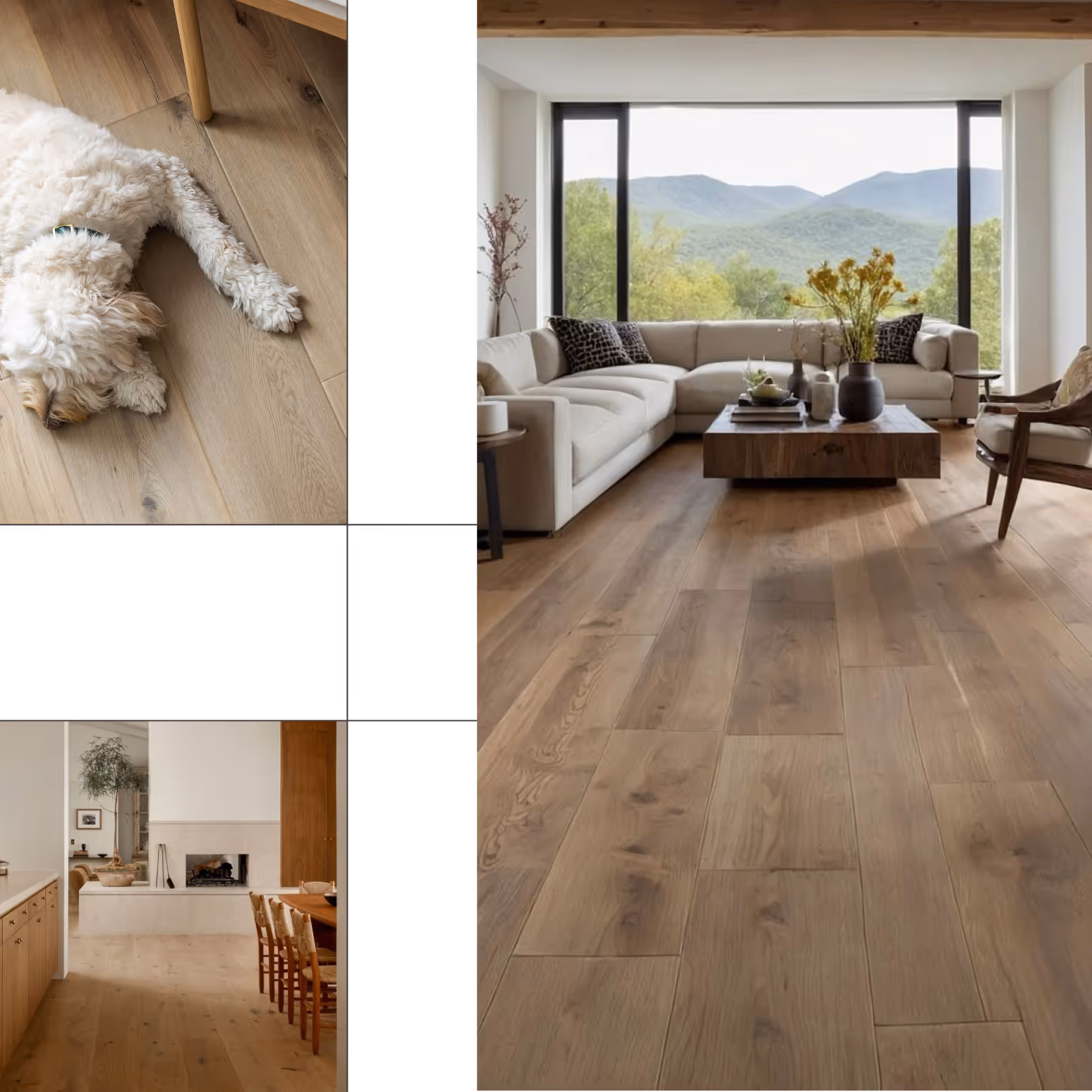 Collage of three images showing light wood plank flooring in a living room with a beige sectional sofa, a small dog lying on wood flooring, and a kitchen dining area with wood floor and wooden furniture.