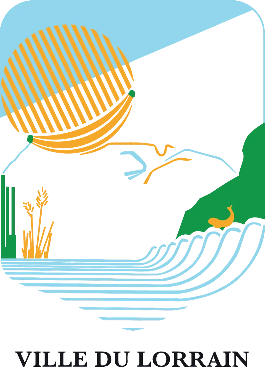 Logo coloré avec soleil orange stylisé, montagnes, rivière bleue, végétation verte, épis de blé orange, oiseau orange, texte 'VILLE DU LORRAIN'.