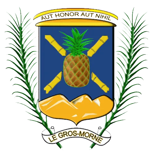 Blason de Le Gros-Morne avec un ananas au centre, quatre cannes à sucre croisées, des montagnes dorées en bas, encadré de deux fougères vertes et une bannière avec la devise Aut Honor Aut Nihil.