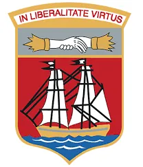 Blason avec un navire à voiles blanches sur une mer bleue, deux mains se serrant au-dessus, et la devise 'IN LIBERALITATE VIRTUS' en haut.