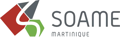 Logo SOAME composé d'un losange rouge stylisé avec un cercle vert et le texte SOAME en gris foncé.