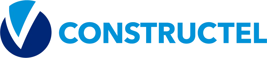Logo de Constructel avec un cercle bleu divisé par un triangle et le texte Constructel en bleu clair.