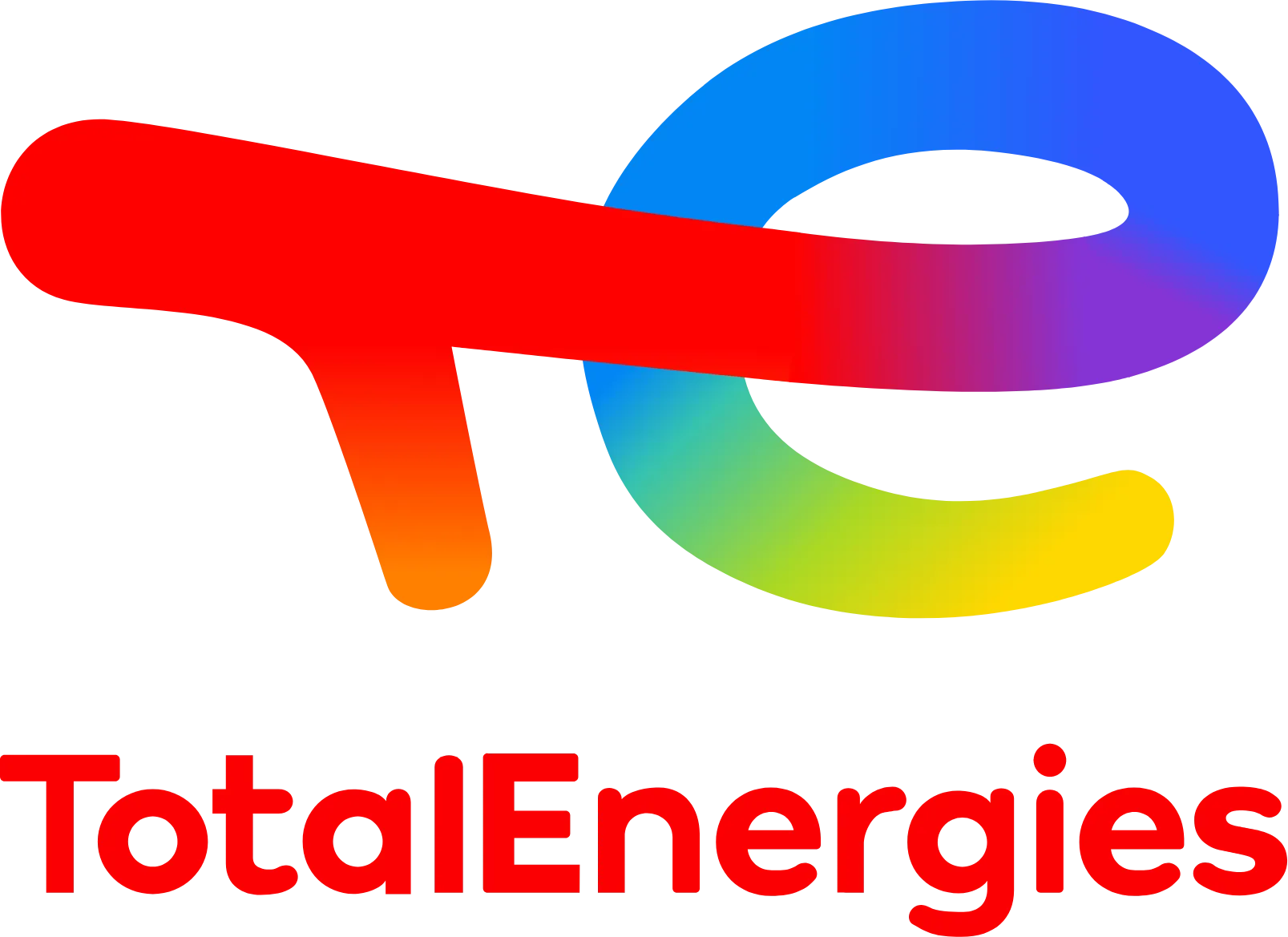 Logo coloré de TotalEnergies avec texte rouge en dessous.
