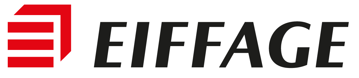 Logo Eiffage avec un symbole rouge stylisé à gauche et le texte EIFFAGE en noir à droite.