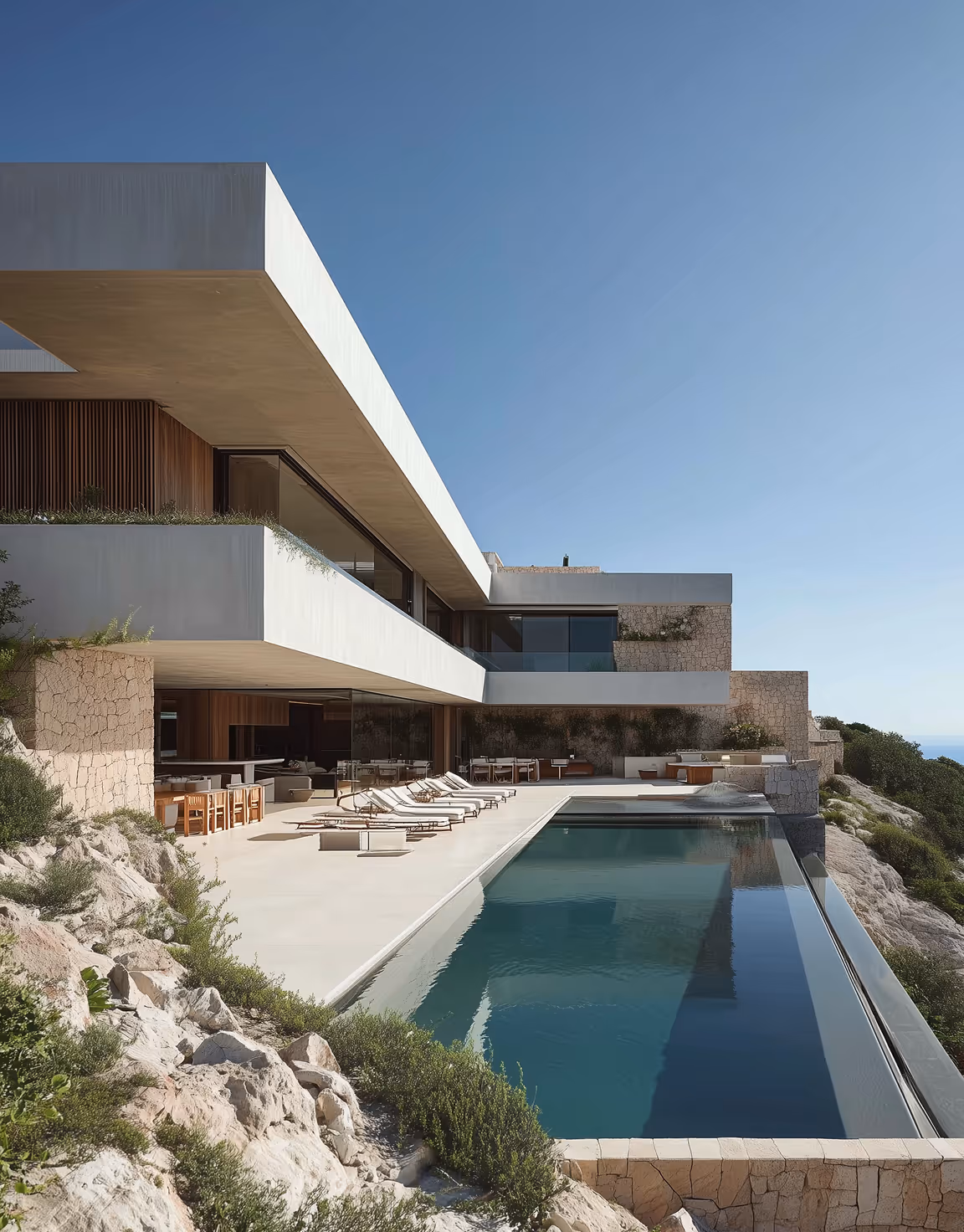 Modern luxury house with large balcony, glass walls, and an infinity pool overlooking rocky landscape under clear blue sky.