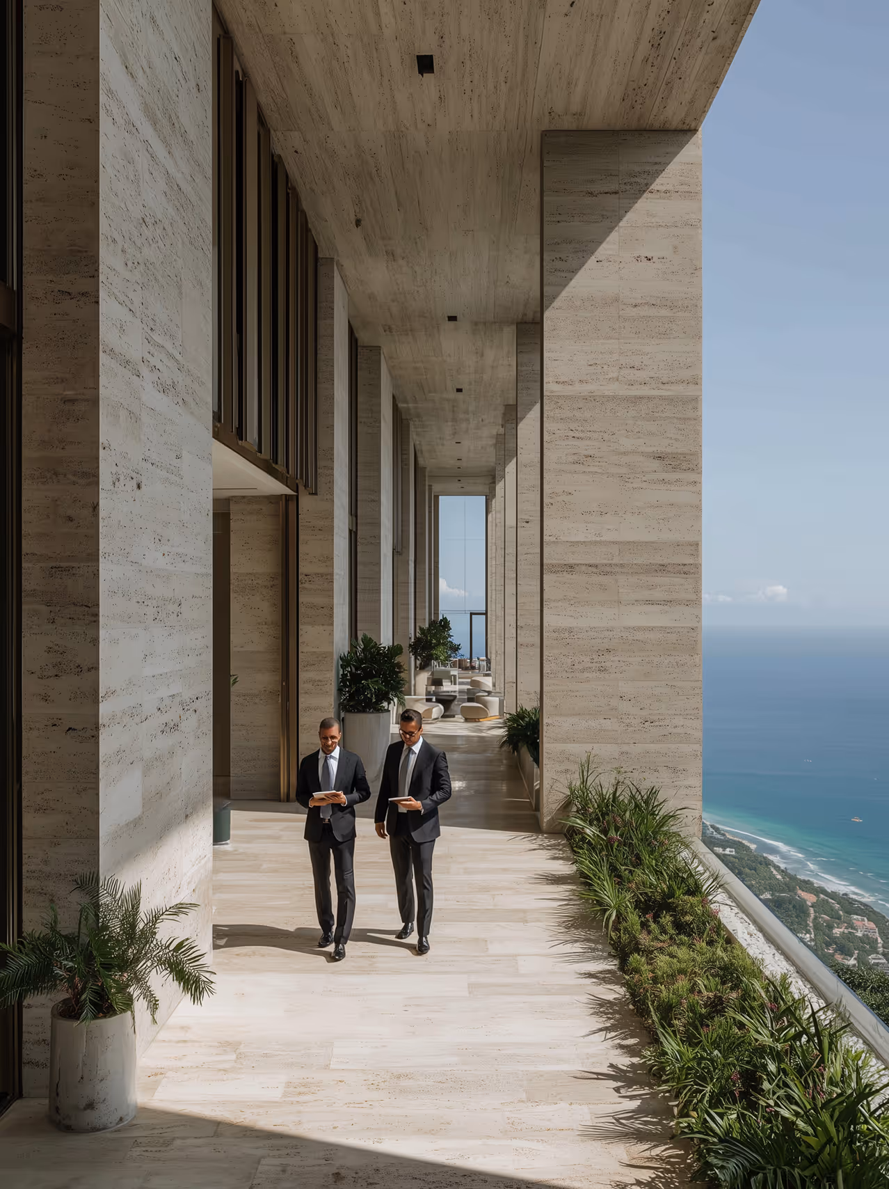 Two businessmen walking and looking at tablets in a modern building corridor with stone walls and a view of the ocean coastline.