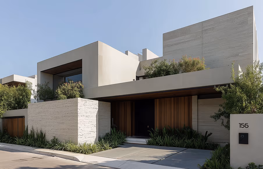 Modern two-story house with beige stone and wood accents, surrounded by green plants and under a clear blue sky.
