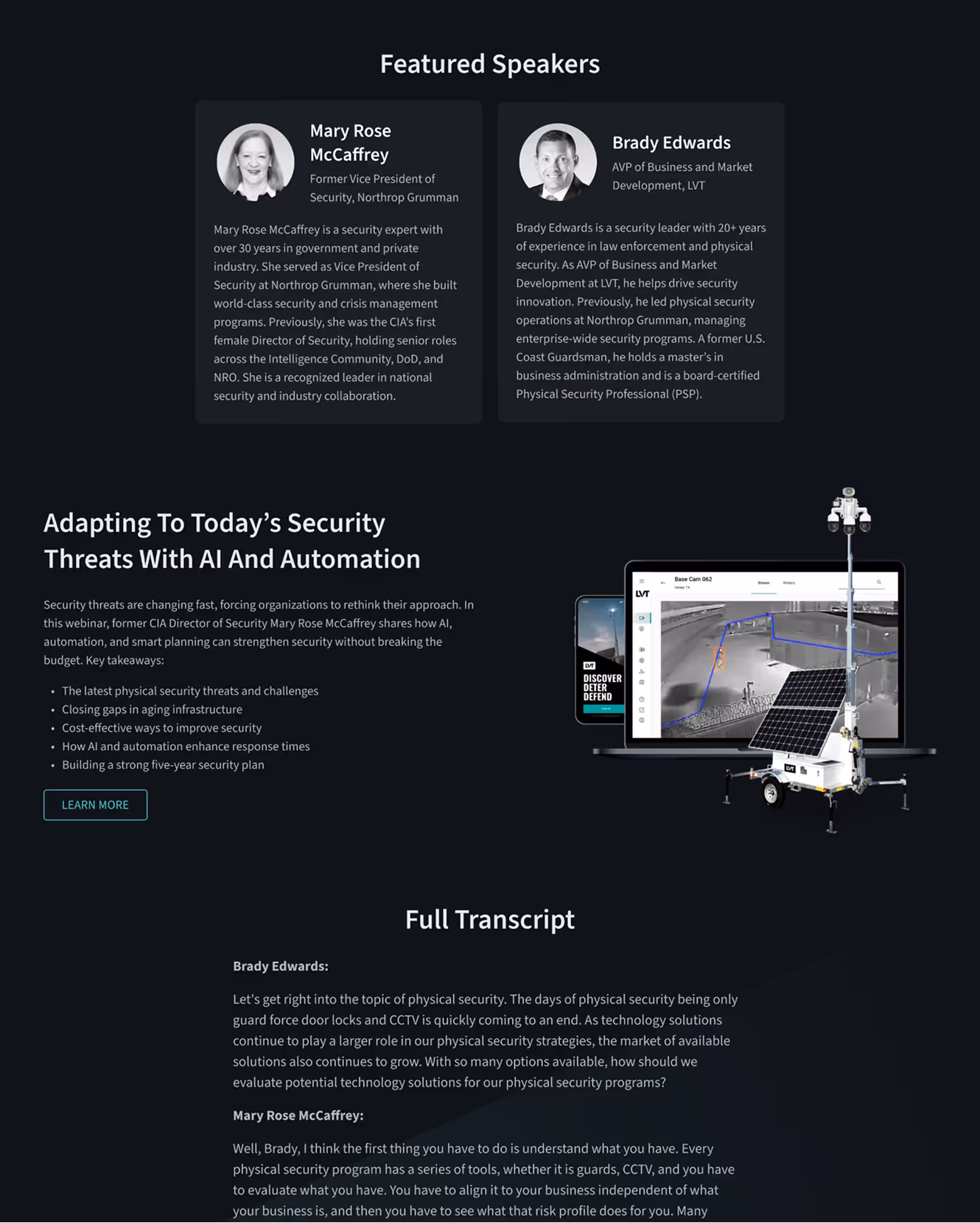 Webpage section featuring security experts Mary Rose McCaffrey and Brady Edwards with their bios, a webinar titled 'Adapting To Today’s Security Threats With AI And Automation,' and a full transcript excerpt alongside images of a mobile security unit and surveillance screen.