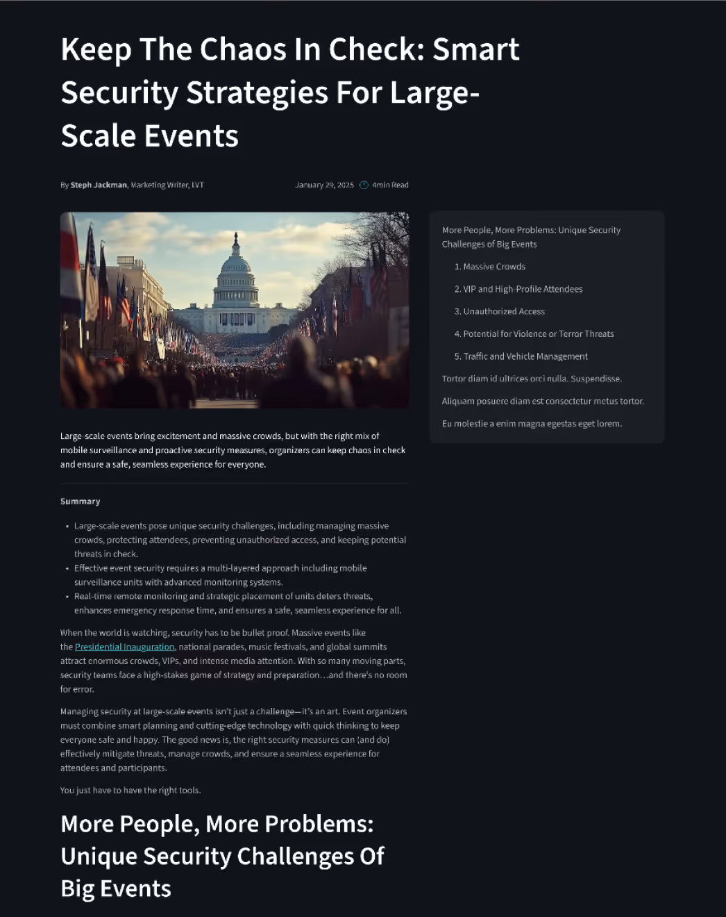 Article titled 'Keep The Chaos In Check: Smart Security Strategies For Large-Scale Events' with an image of a crowd and the U.S. Capitol building at a large public event.