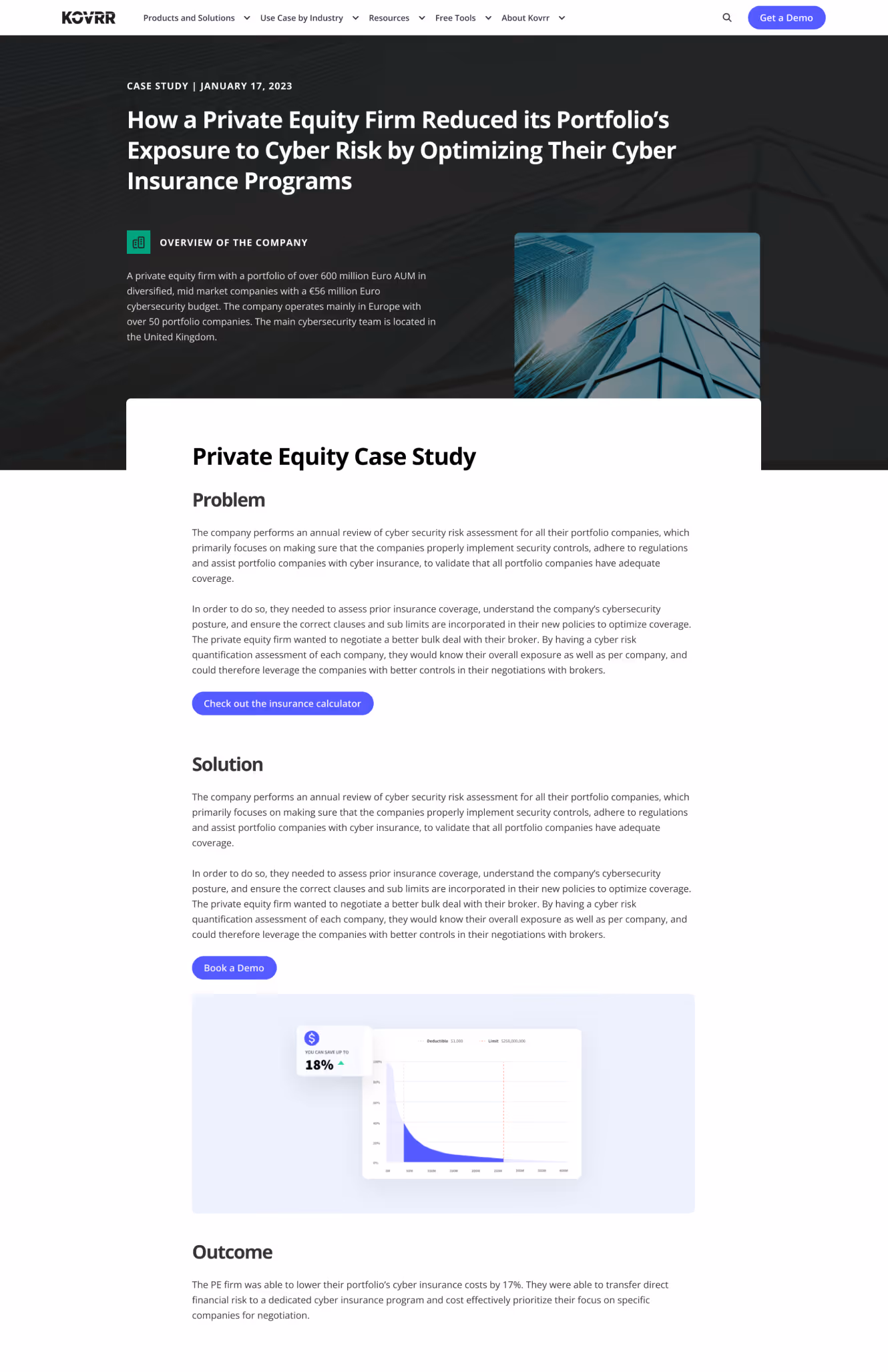 Case study webpage detailing how a private equity firm reduced cyber risk exposure by optimizing cyber insurance programs with problem, solution, and outcome sections.