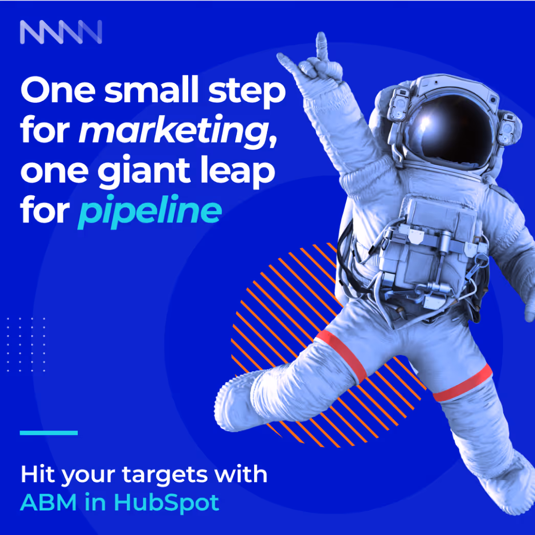 Astronaut in a white spacesuit making a hand gesture on a blue background with text about marketing and pipeline in HubSpot.
