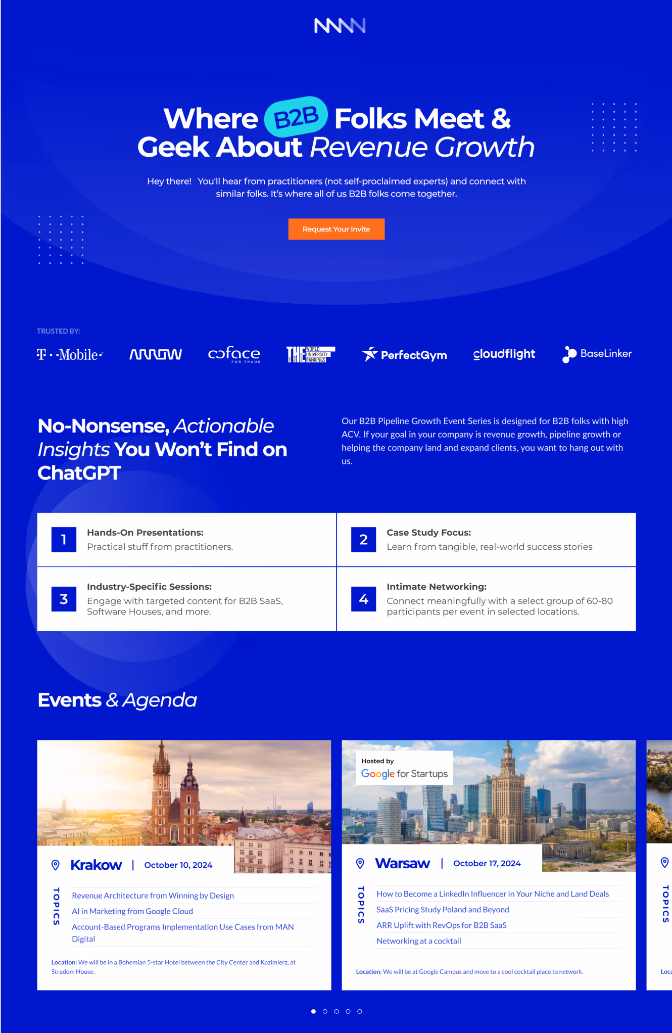 Event webpage for B2B Pipeline Growth Event Series highlighting revenue growth with sessions on presentations, case studies, industry-specific content, and networking; featuring events in Krakow on October 10, 2024, and Warsaw on October 17, 2024.