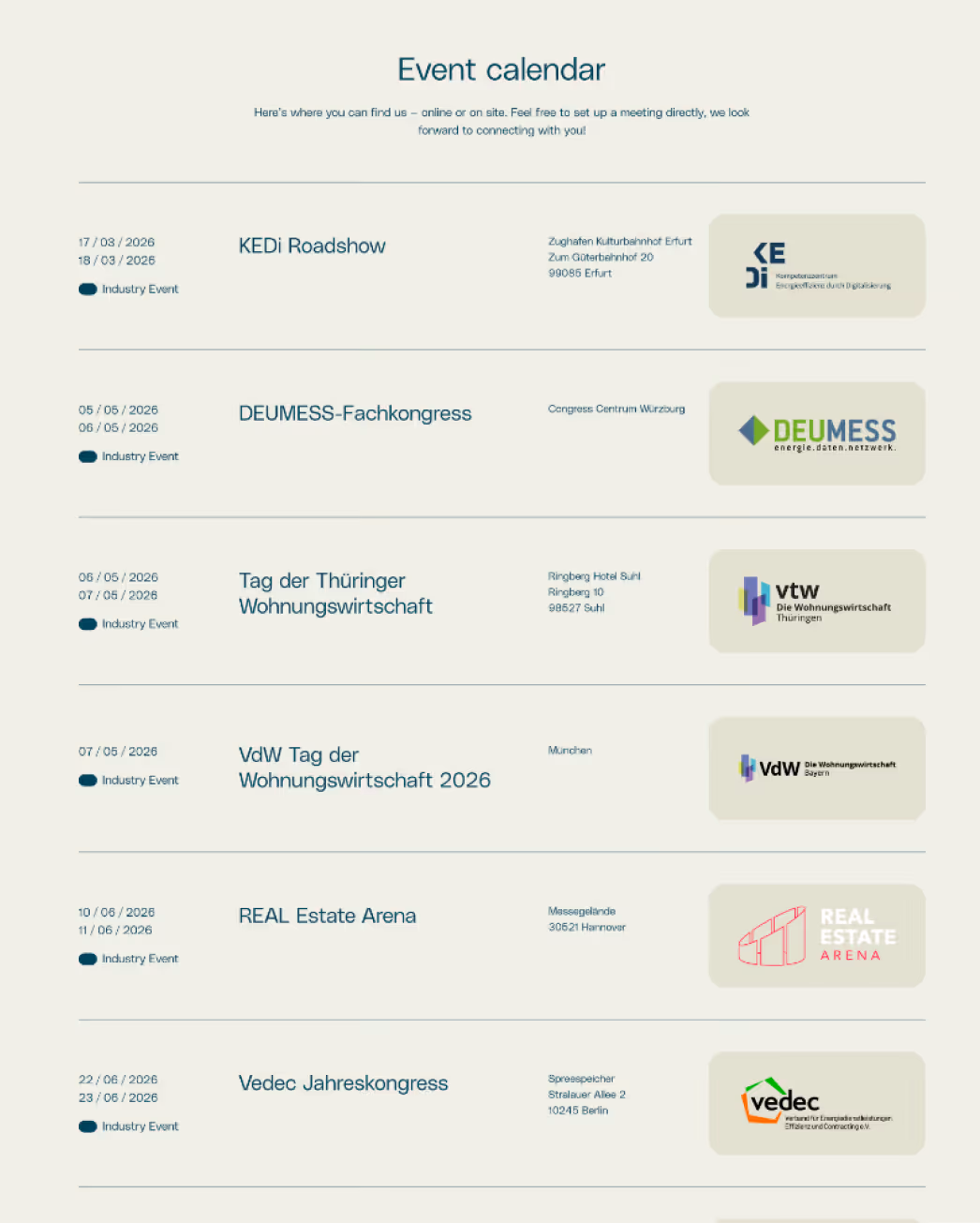 Event calendar listing six industry events in 2026 with dates, titles, locations, and sponsor logos, including KEDi Roadshow in Erfurt and REAL Estate Arena in Hannover.