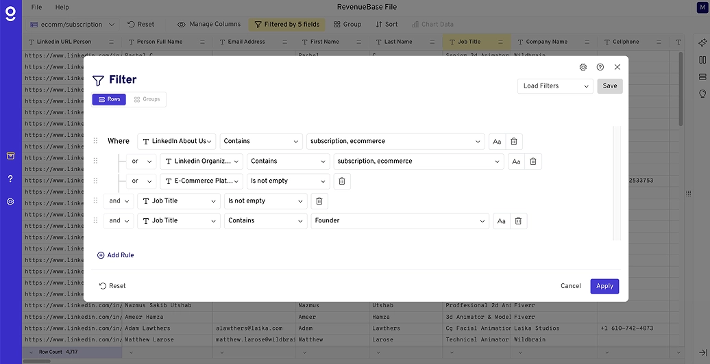 Filter panel open on a data table with rules set for LinkedIn About Us, LinkedIn Organization, E-Commerce Platform fields containing subscription or ecommerce, and Job Title containing Founder.