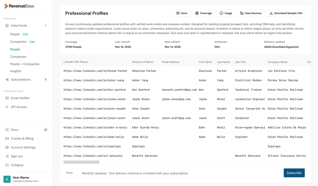 Dashboard screen displaying professional profiles with LinkedIn URLs, names, emails, job titles, and company names, under RevenueBase Data Feeds section.