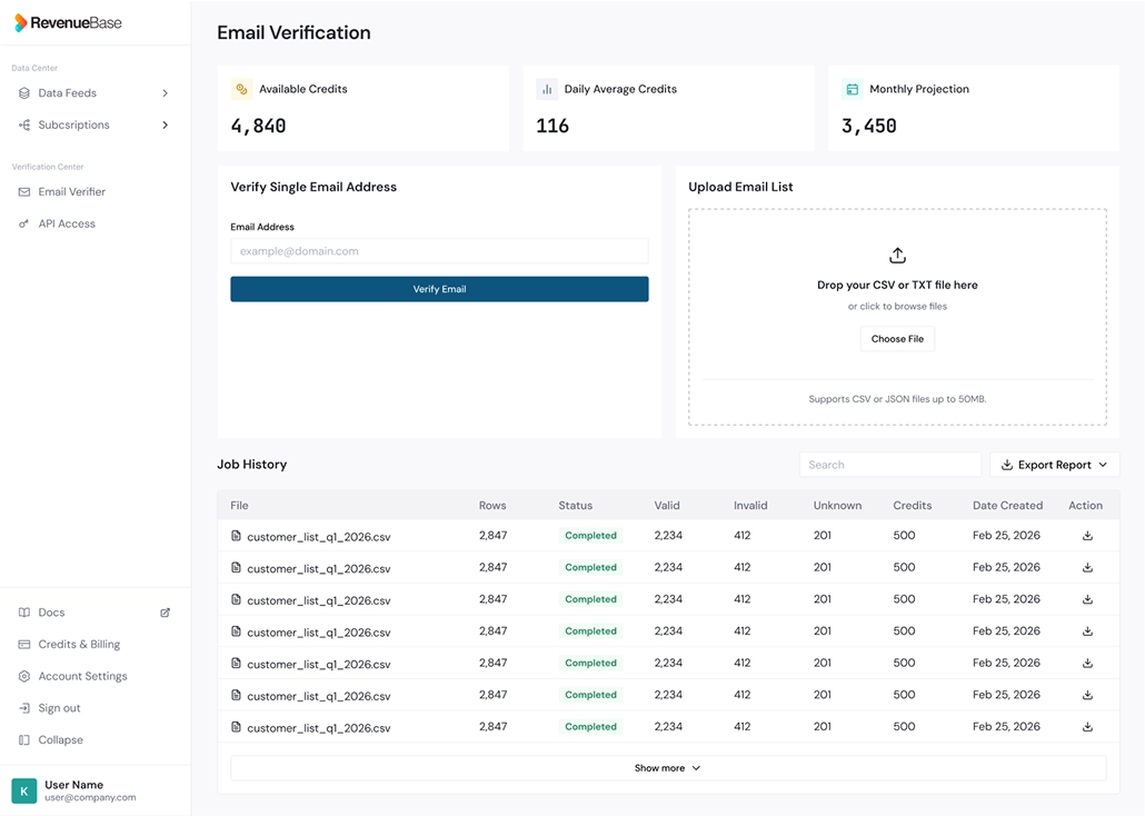 Email verification dashboard showing available credits, daily average credits, monthly projection, single email verification input, file upload for CSV or TXT, and job history with file details, status, and validity counts.