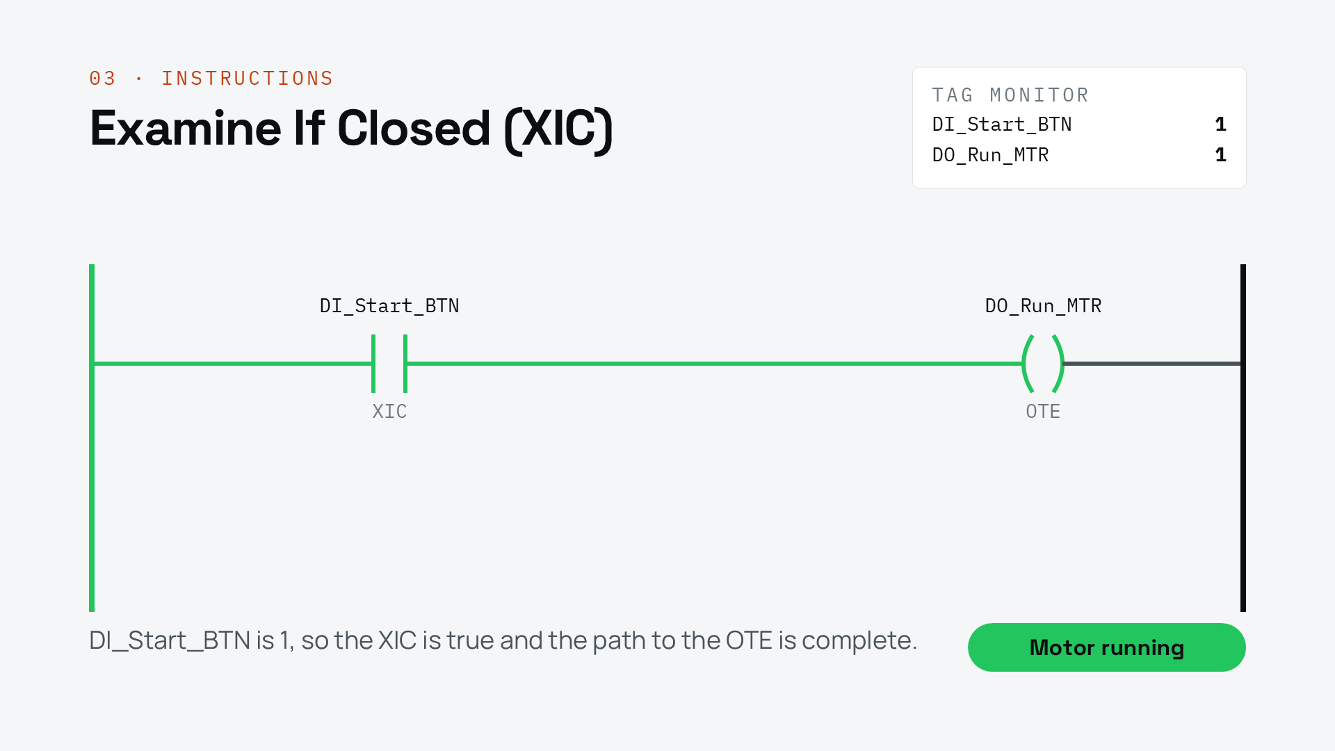 DI_Start_BTN is 1, so the XIC is true and the motor runs