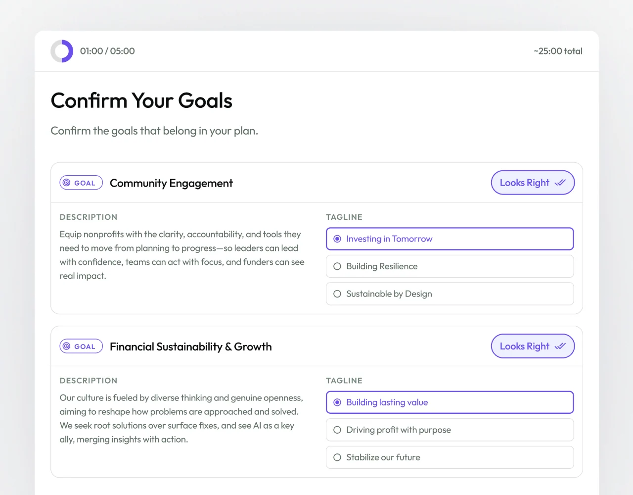A "Confirm Your Goals" software screen where users can review and approve organizational goals, descriptions, and taglines.