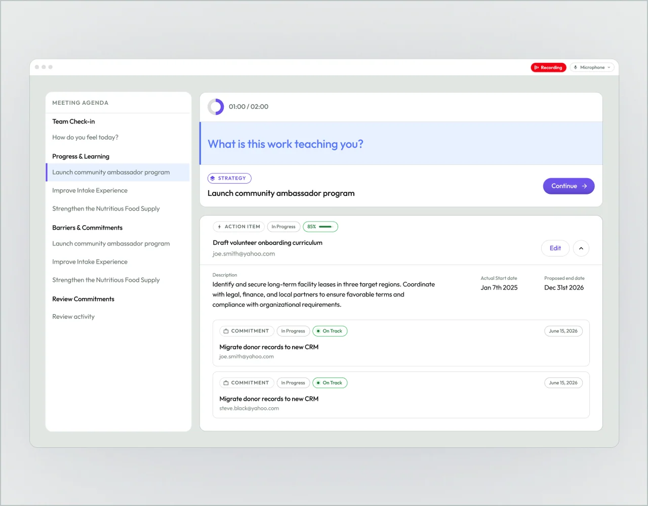 A digital meeting interface displaying an agenda, a timer, a discussion question, and tracked progress for a specific strategy.