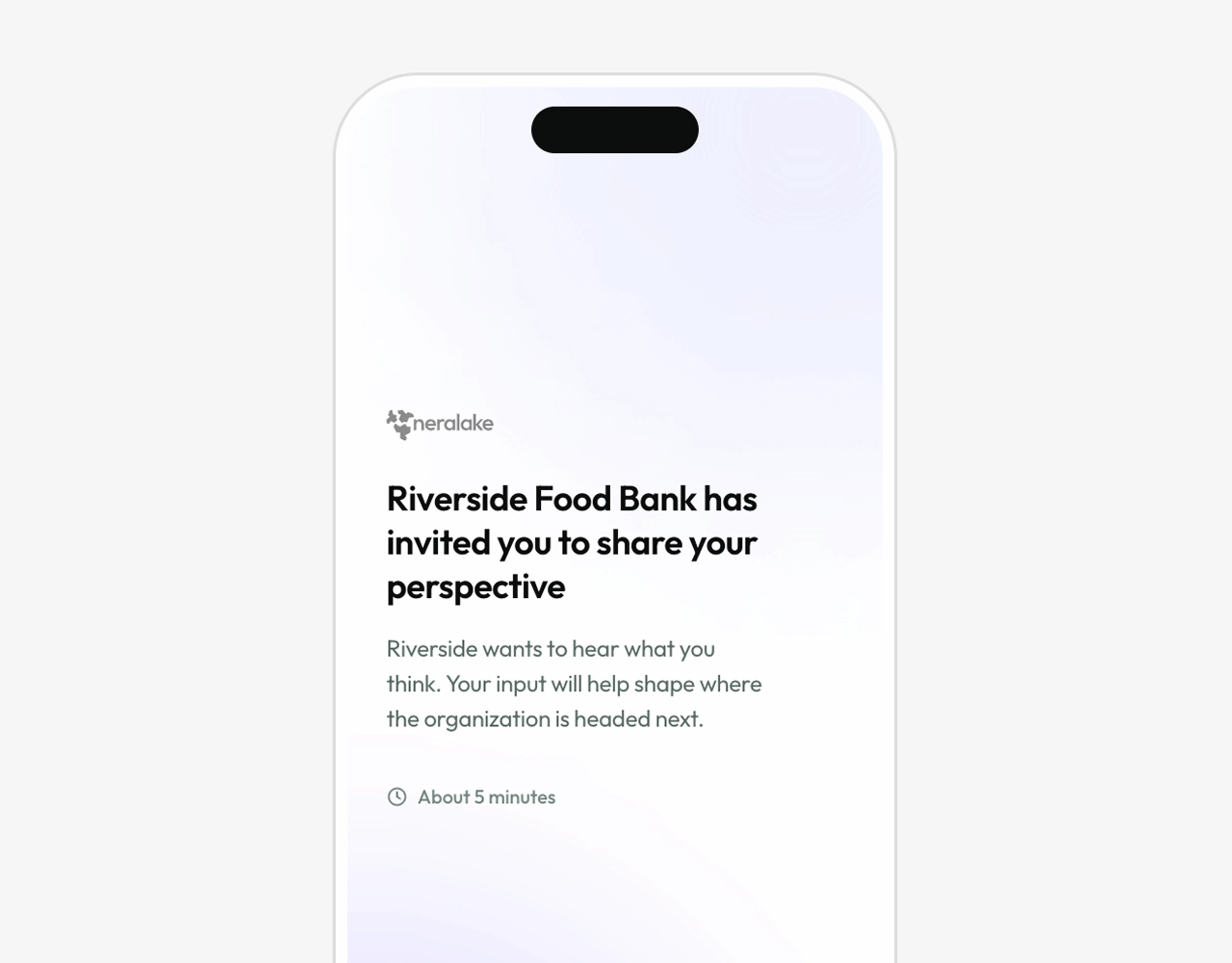 A mobile screen showing an invitation from Riverside Food Bank to complete a 5-minute feedback survey via the neralake app.