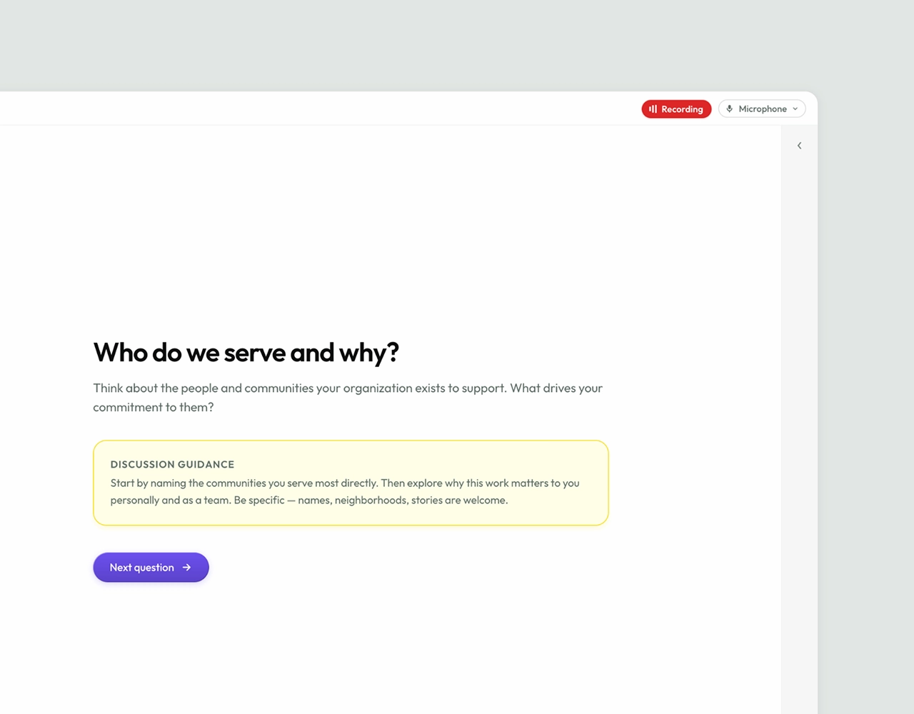 A recorded digital meeting screen displaying the discussion prompt "Who do we serve and why?" above a discussion guidance box.