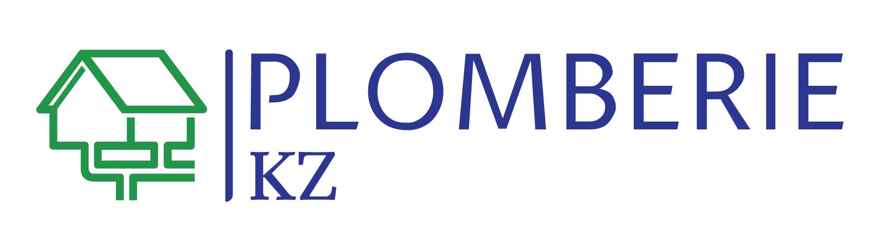 Logo with a green house and pipe design next to the text PLOMBERIE KZ in dark blue.