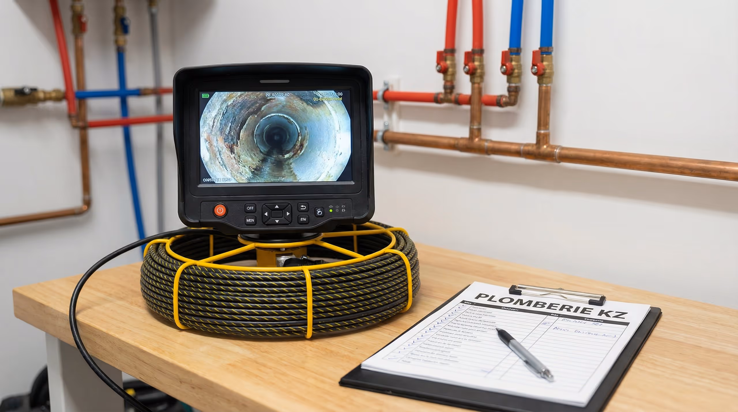 Plumbing inspection camera displaying inside of a pipe, with red and blue plumbing pipes on wall and a clipboard with checklist on wooden table.