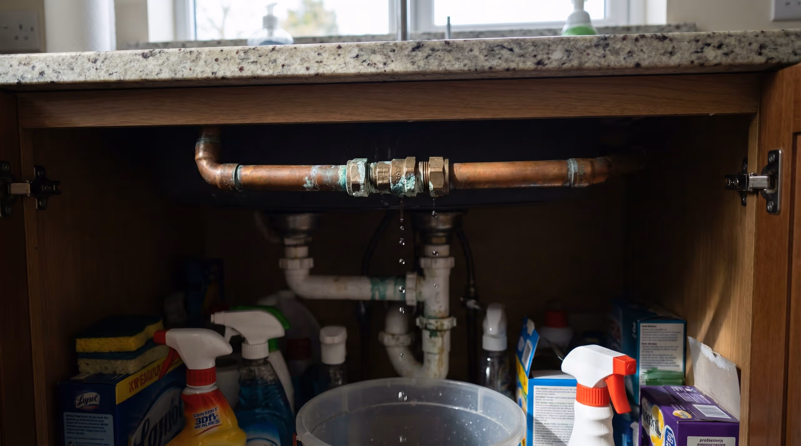 Leaking copper pipe under kitchen sink dripping water into a plastic bucket with cleaning supplies stored nearby.