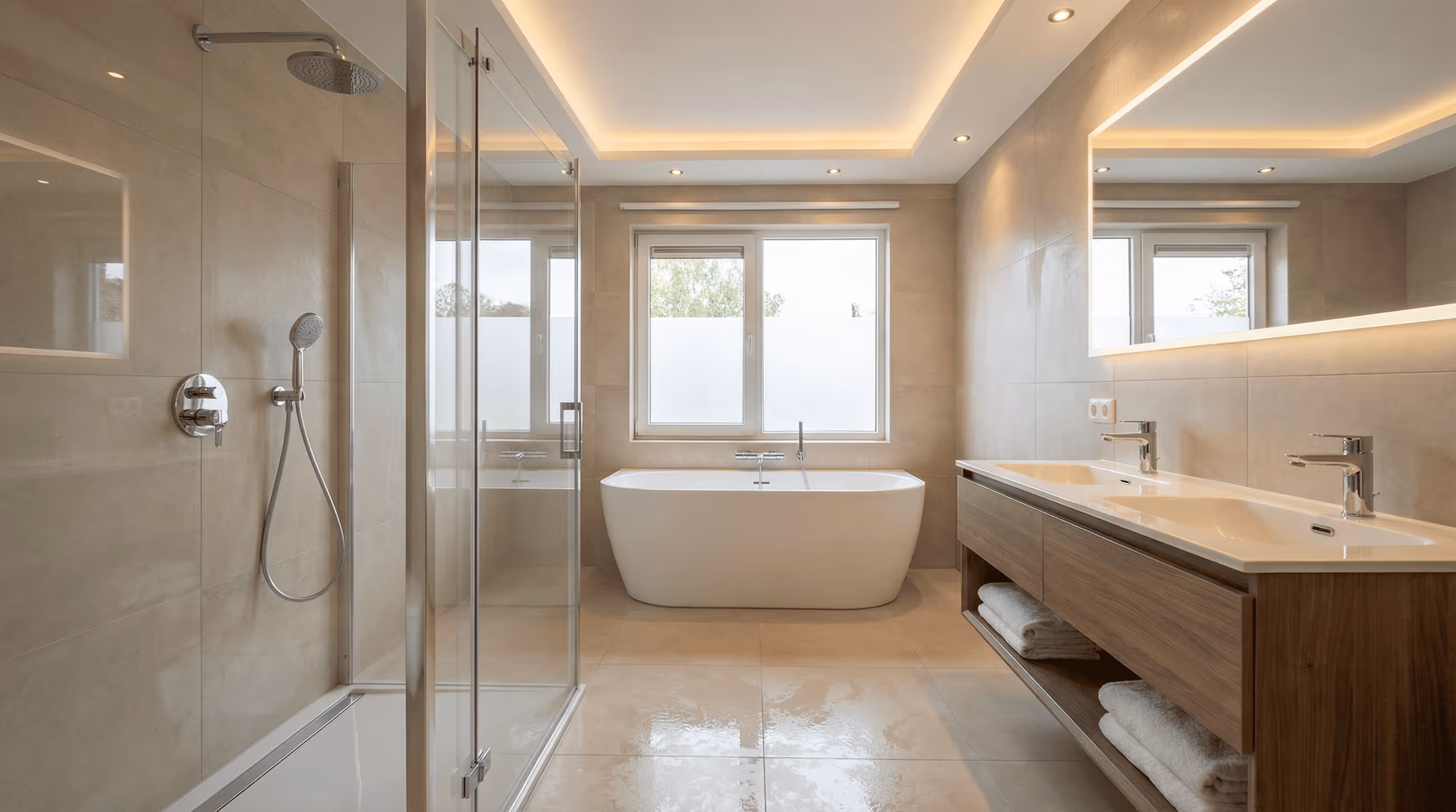 Modern bathroom with glass-enclosed shower, freestanding bathtub under frosted window, and double sink vanity with large illuminated mirror.
