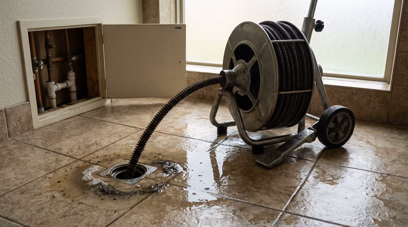Plumber's drain cleaning machine with coiled cable inserted into a wet floor drain on tiled floor.