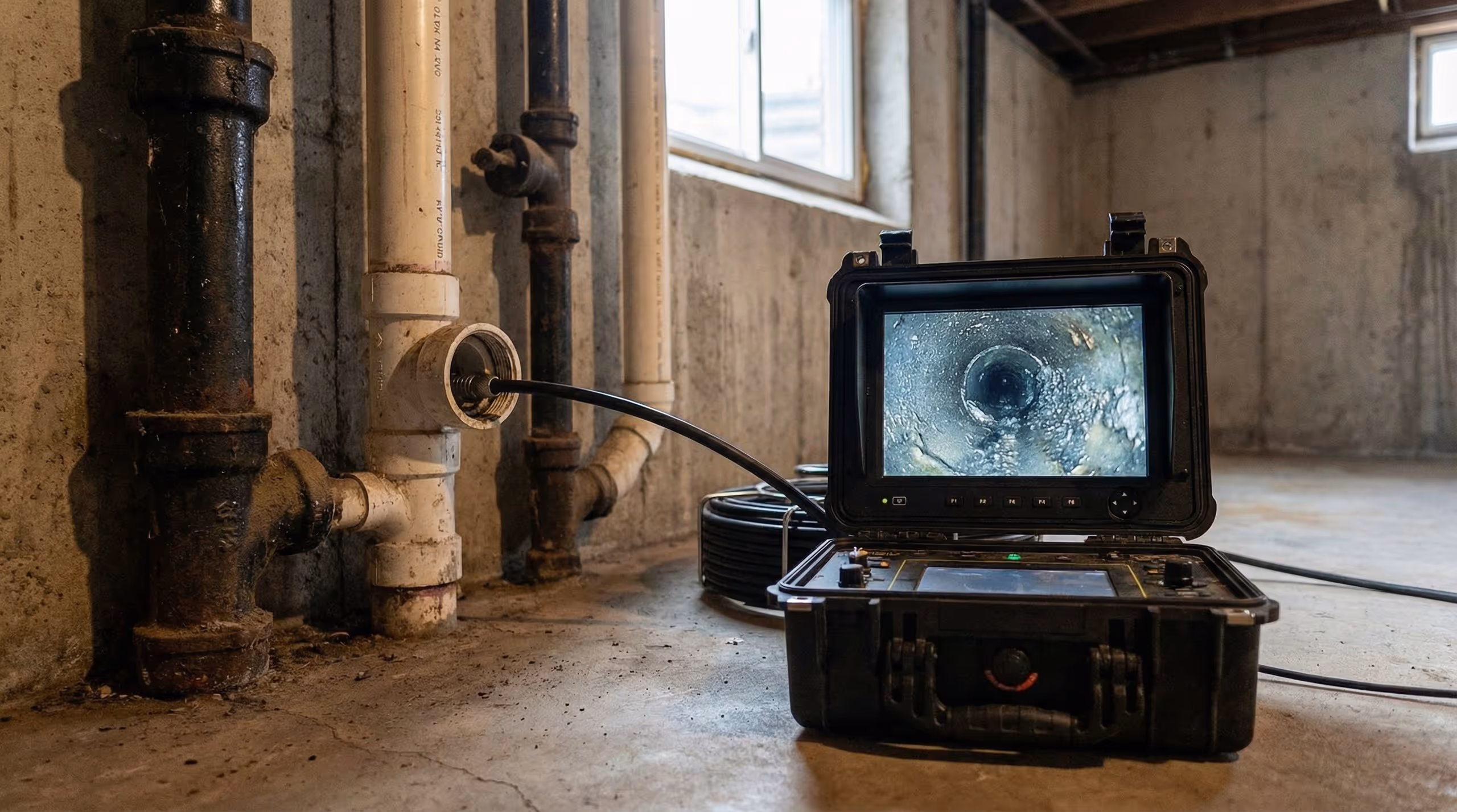 Inspection camera system displaying the inside of a pipe in a concrete basement with exposed plumbing.