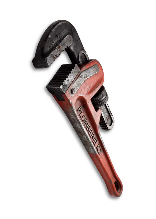 Red and black adjustable pipe wrench with 'PLOMBERIE.KZ' written on the handle.