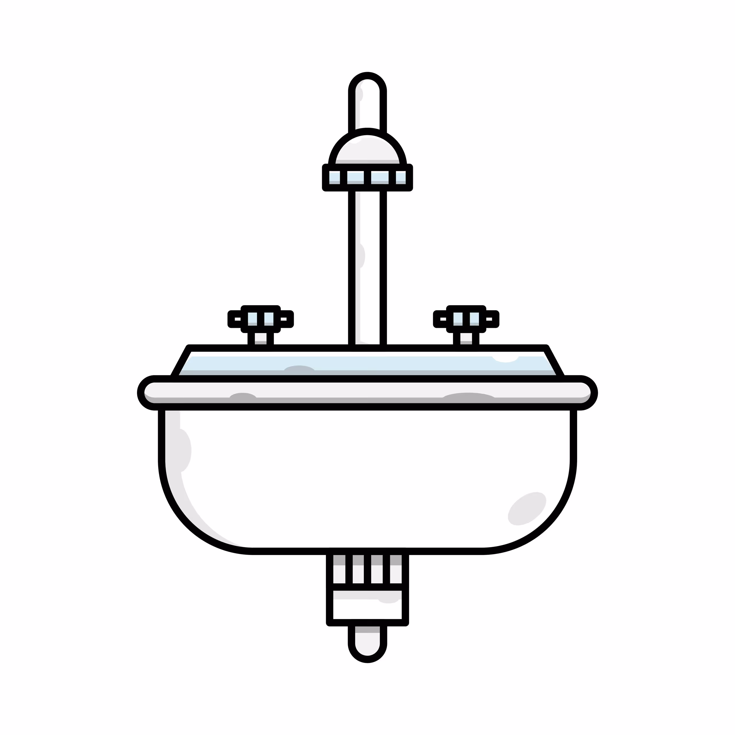 Illustration of a white wall-mounted bathroom sink with a faucet and two knobs.