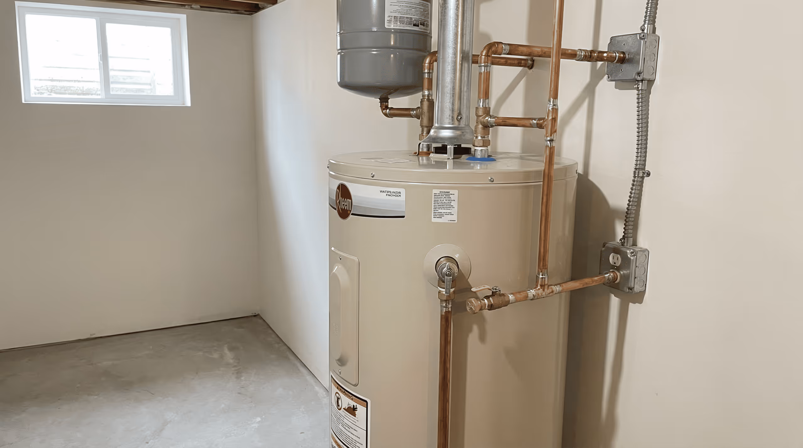Beige Rheem water heater installed in a clean basement corner with copper piping and a small window on the wall.