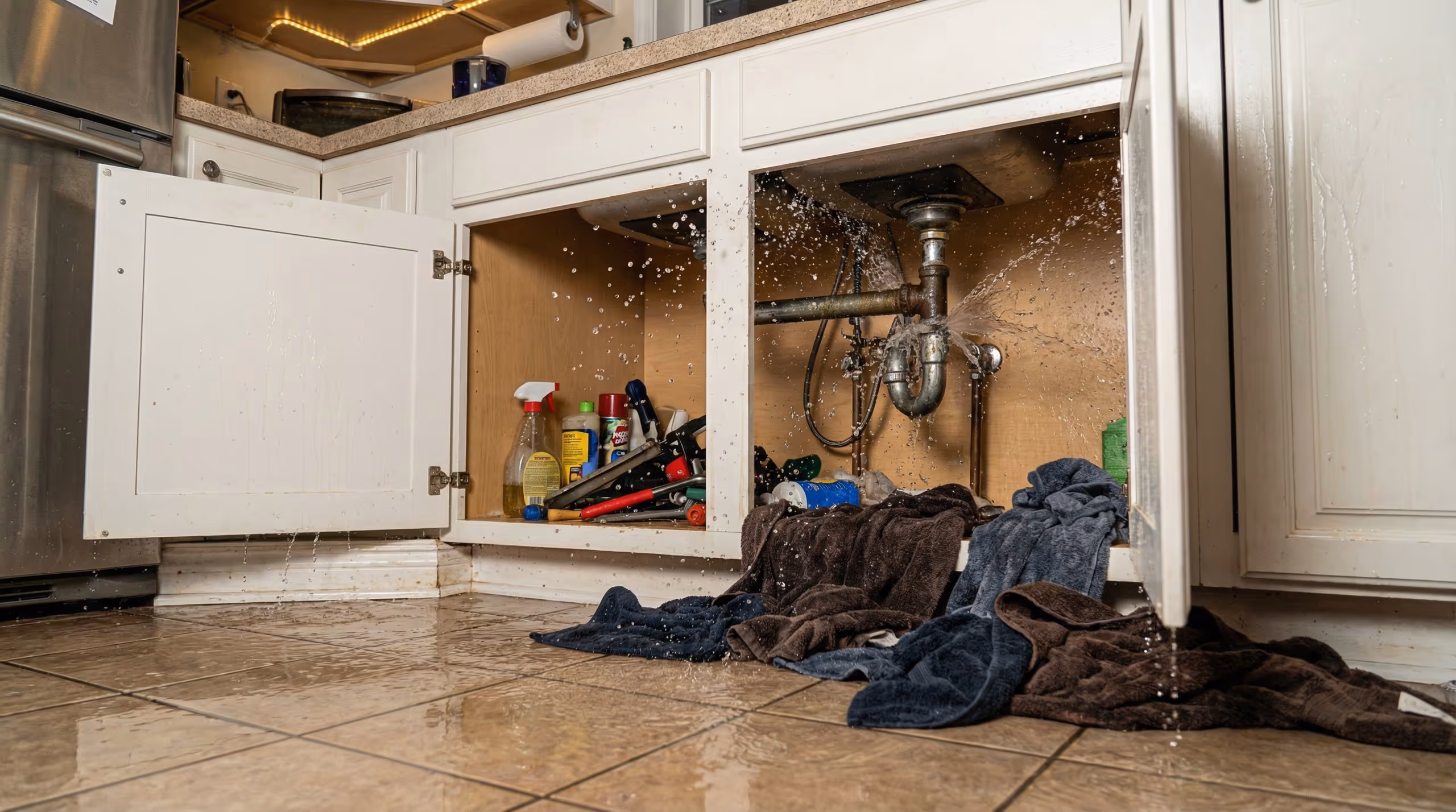 Water leaking and spraying from pipes under a kitchen sink with open cabinet doors and towels on the wet tiled floor.