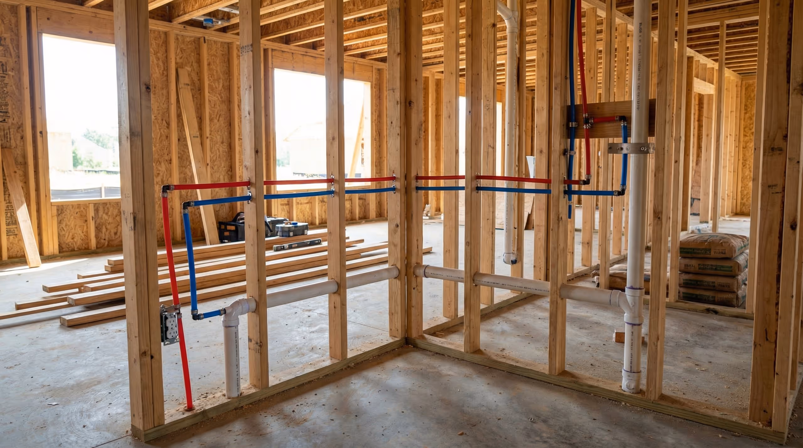 Interior of a building under construction showing exposed wooden framing with plumbing pipes and red and blue water supply lines.