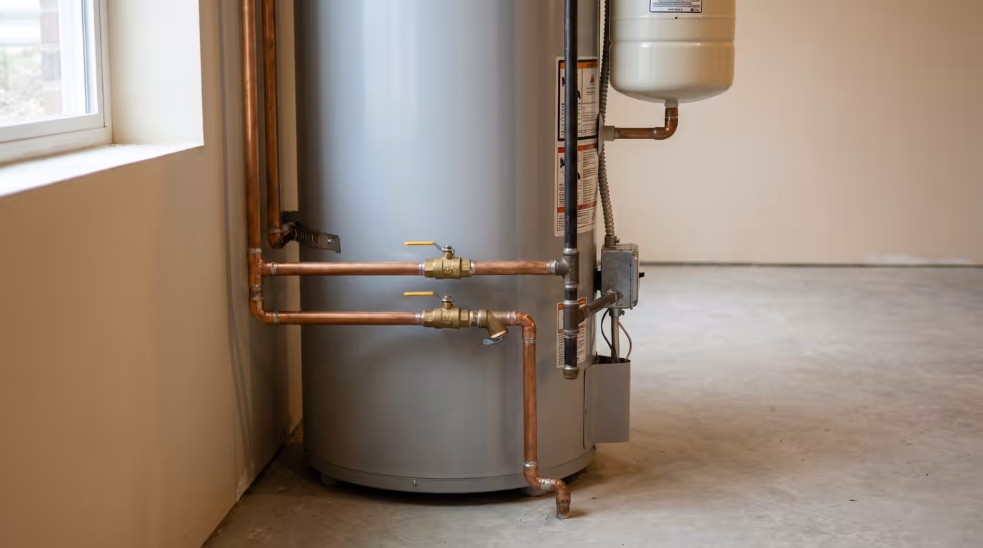 Gray water heater tank with attached copper pipes and valves in a basement with concrete floor.