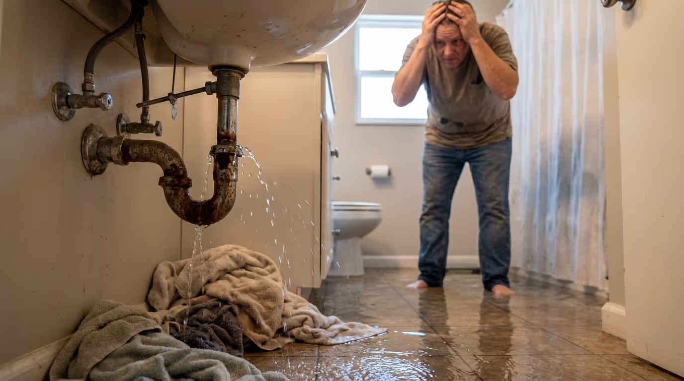 Water leaking from a rusty bathroom sink pipe onto towels on a flooded tile floor, with a distressed man holding his head in the background.