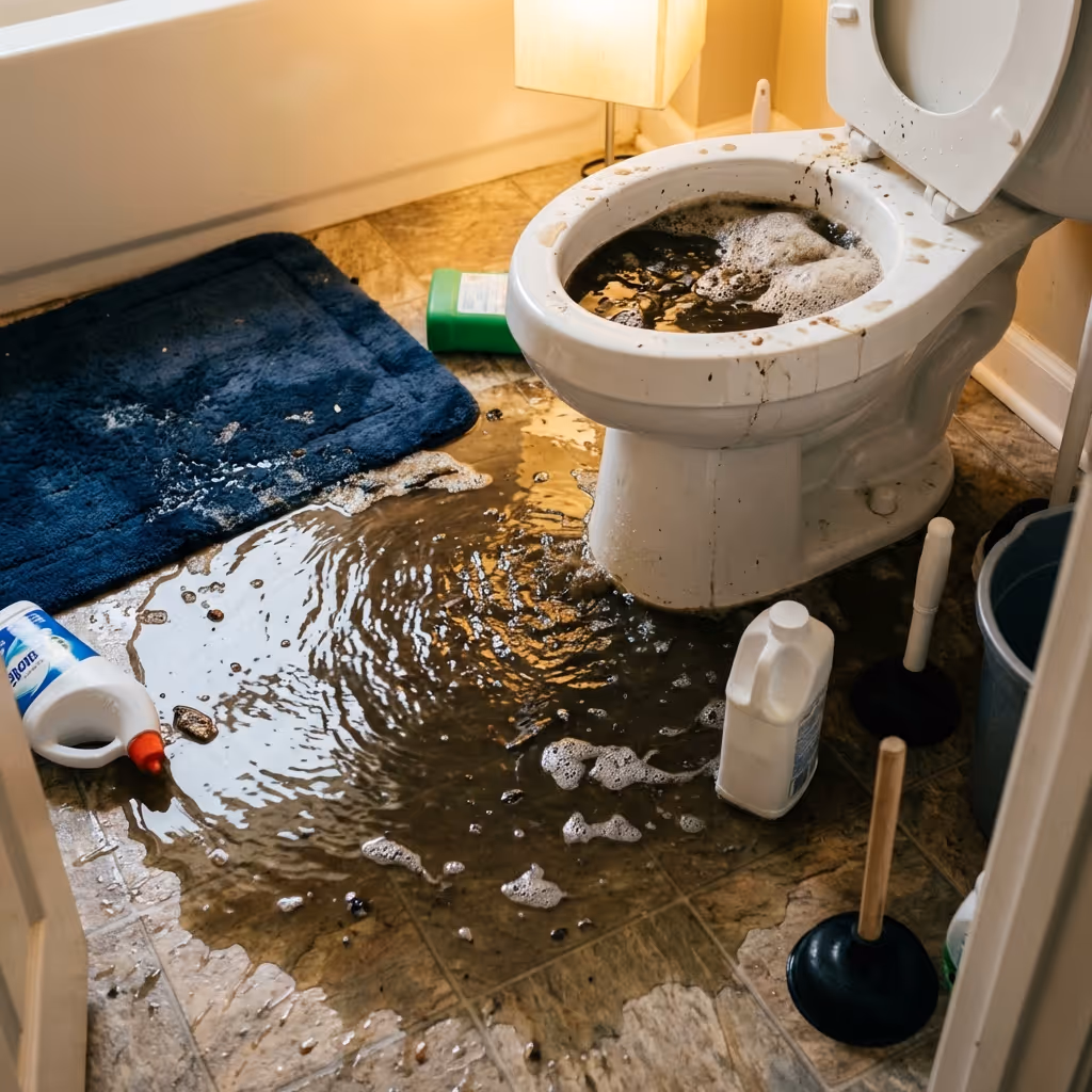 Bathroom flooded with dirty water overflowing from a toilet, with cleaning supplies and plungers on the floor.