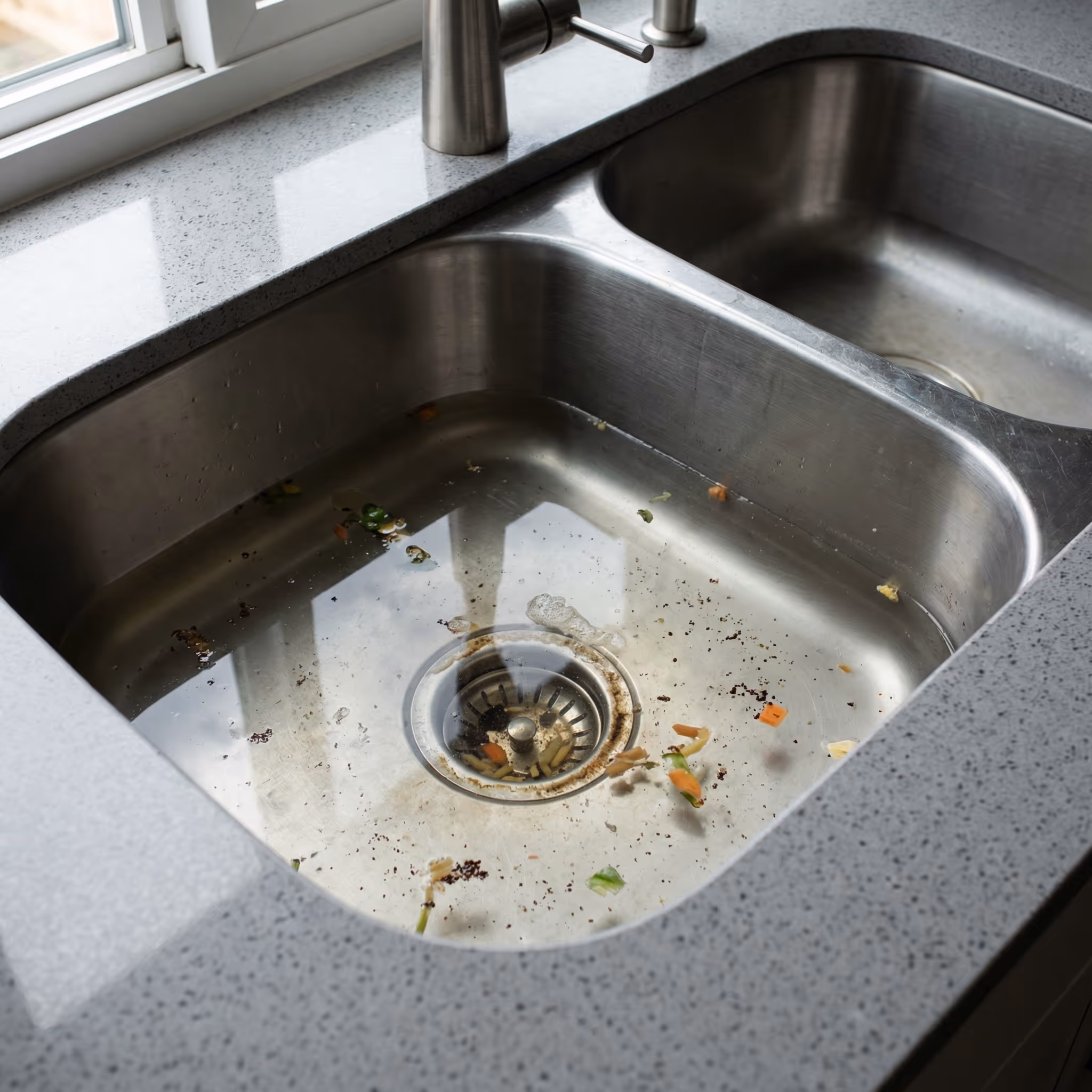 Stainless steel kitchen sink partially filled with water and food scraps, set in a gray speckled countertop near a window.