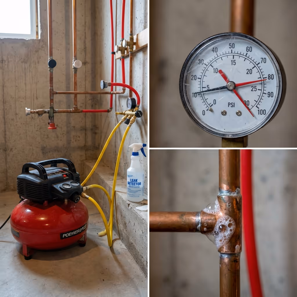Composite image showing a red air compressor connected to copper pipes with yellow hoses, a pressure gauge reading just over 75 PSI, and a pipe joint with soap bubbles indicating a leak.