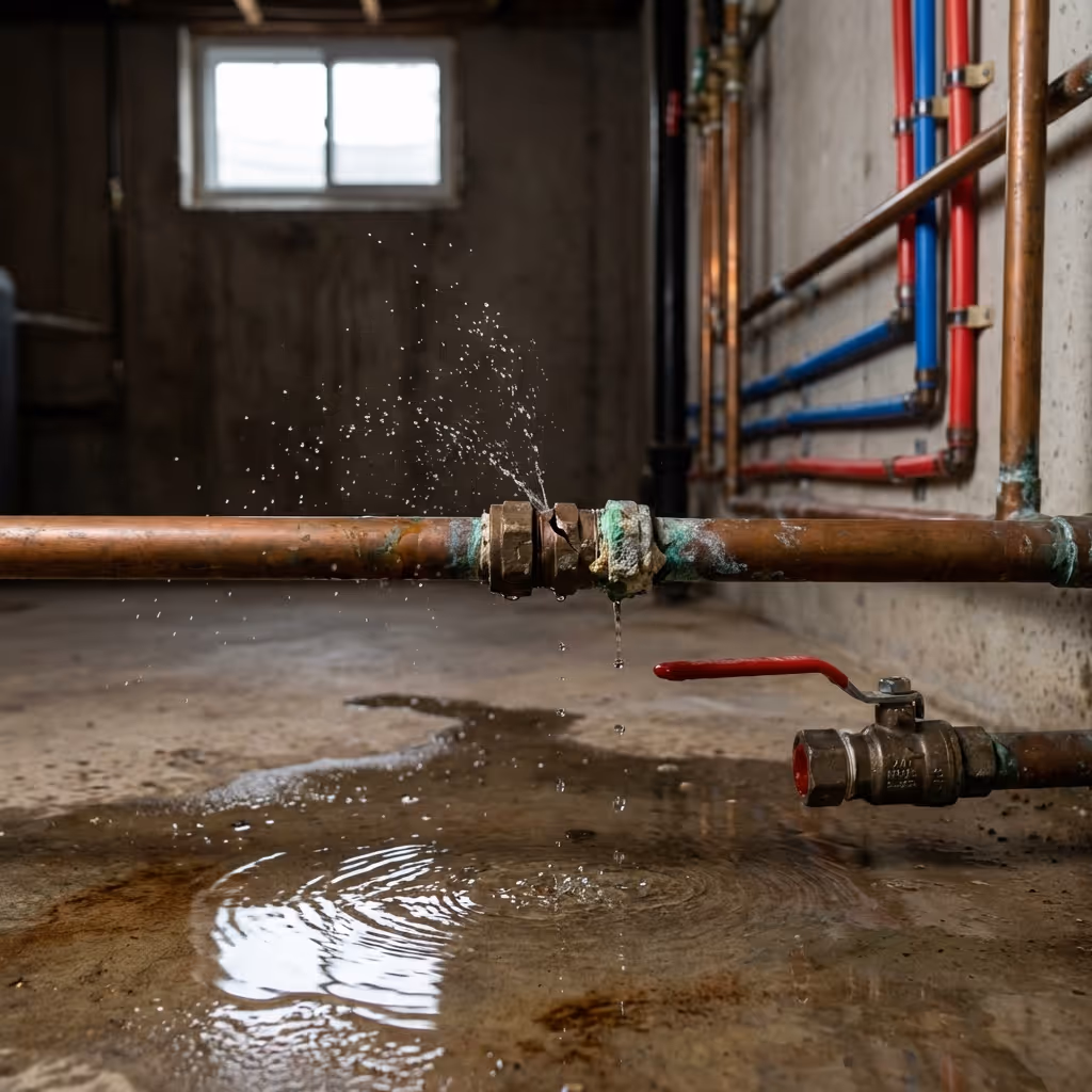 A leaking copper pipe with water spraying out and pooling on a concrete floor in a basement with red and blue pipes on the wall.