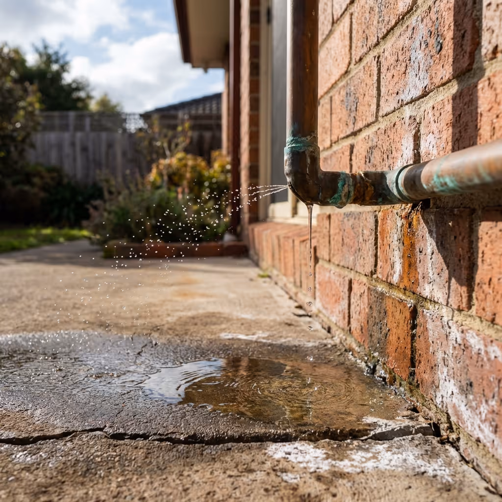 Close-up of an outdoor rusty pipe leaking water onto a cracked concrete surface next to a brick wall.