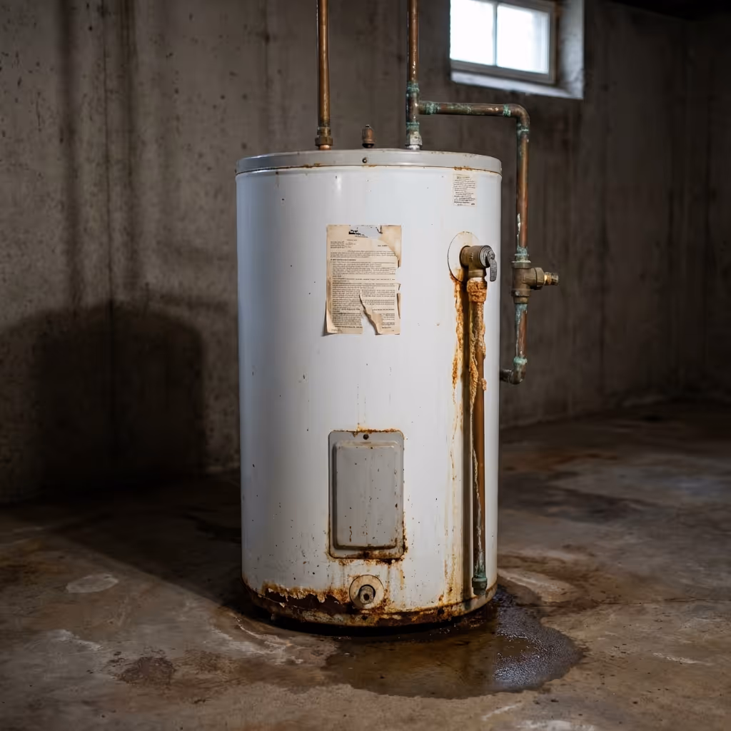 Old water heater with rust and corrosion, leaking on a concrete basement floor.
