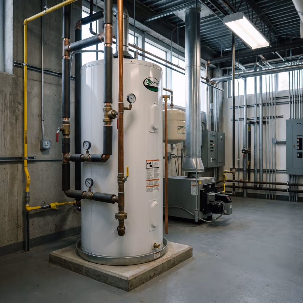 Indoor mechanical room with a large white water heater tank connected to pipes and gauges, surrounded by industrial equipment and control panels.