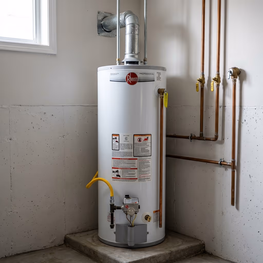 White Rheem Professional water heater installed in a concrete corner with connected copper pipes and a yellow gas line.