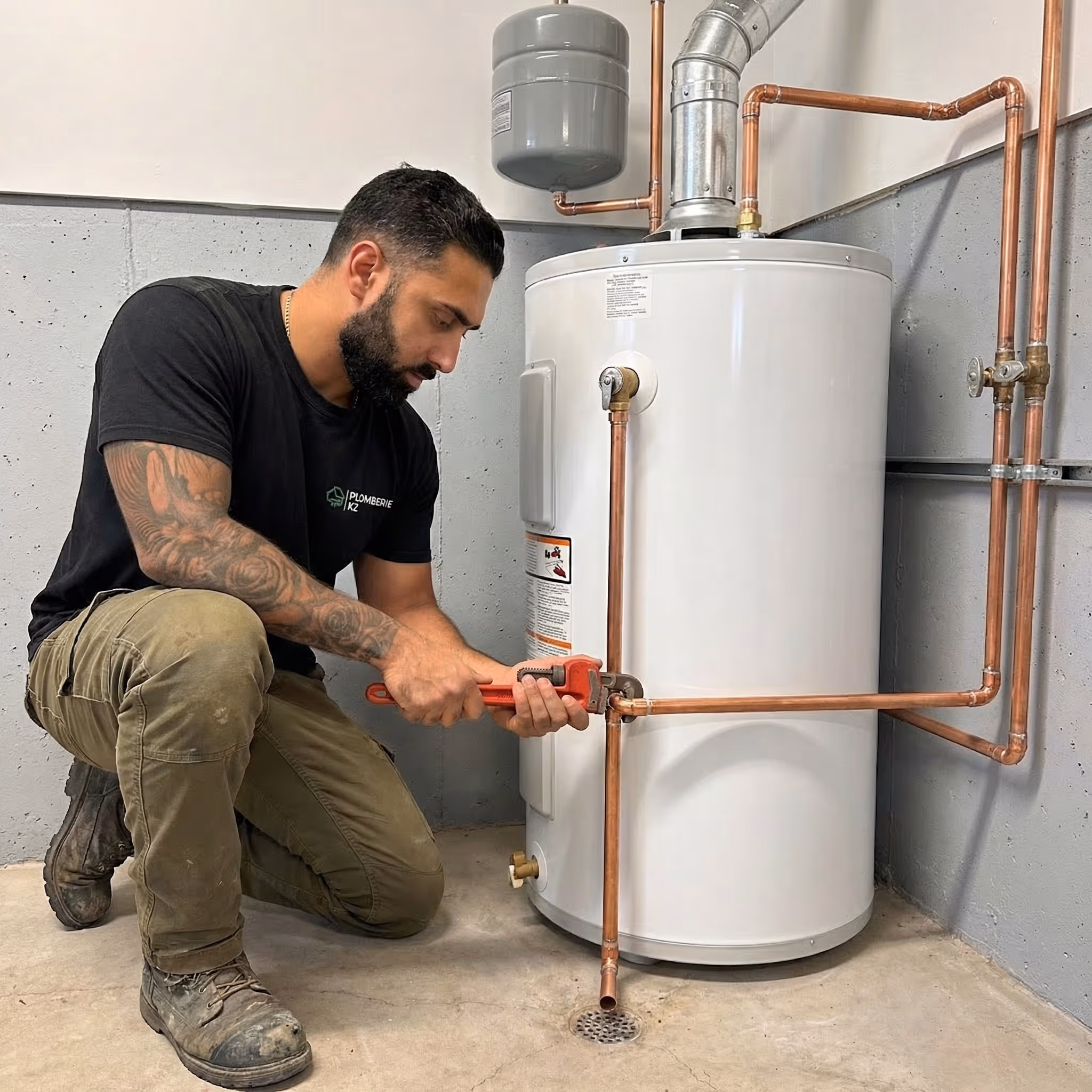 Man with tattoos kneeling and tightening a pipe with a wrench on a white water heater in a utility room.
