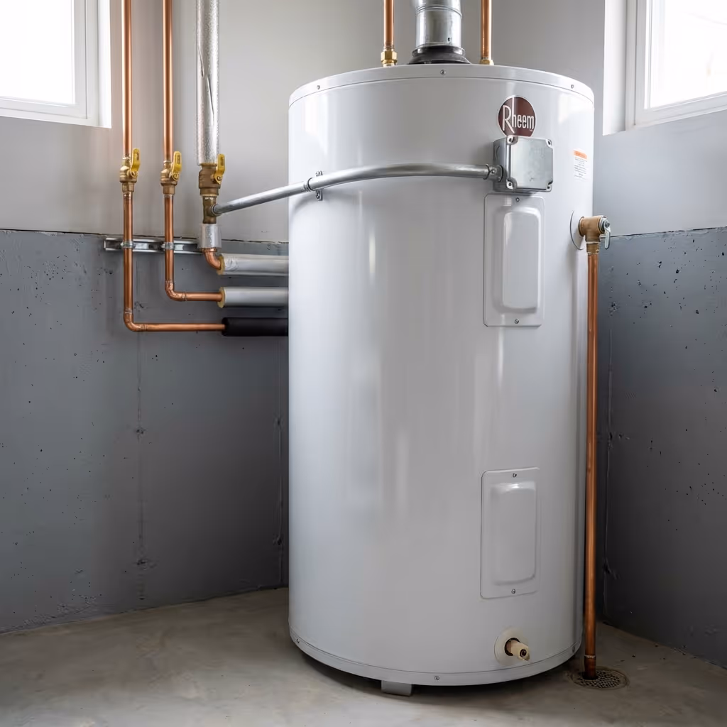 Tall white Rheem water heater with copper pipes installed in a gray basement corner under two windows.
